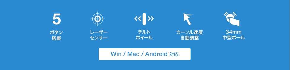 5ボタン搭載 レーザーセンサー チルトホイール カーソル速度 Win Mac Android対応