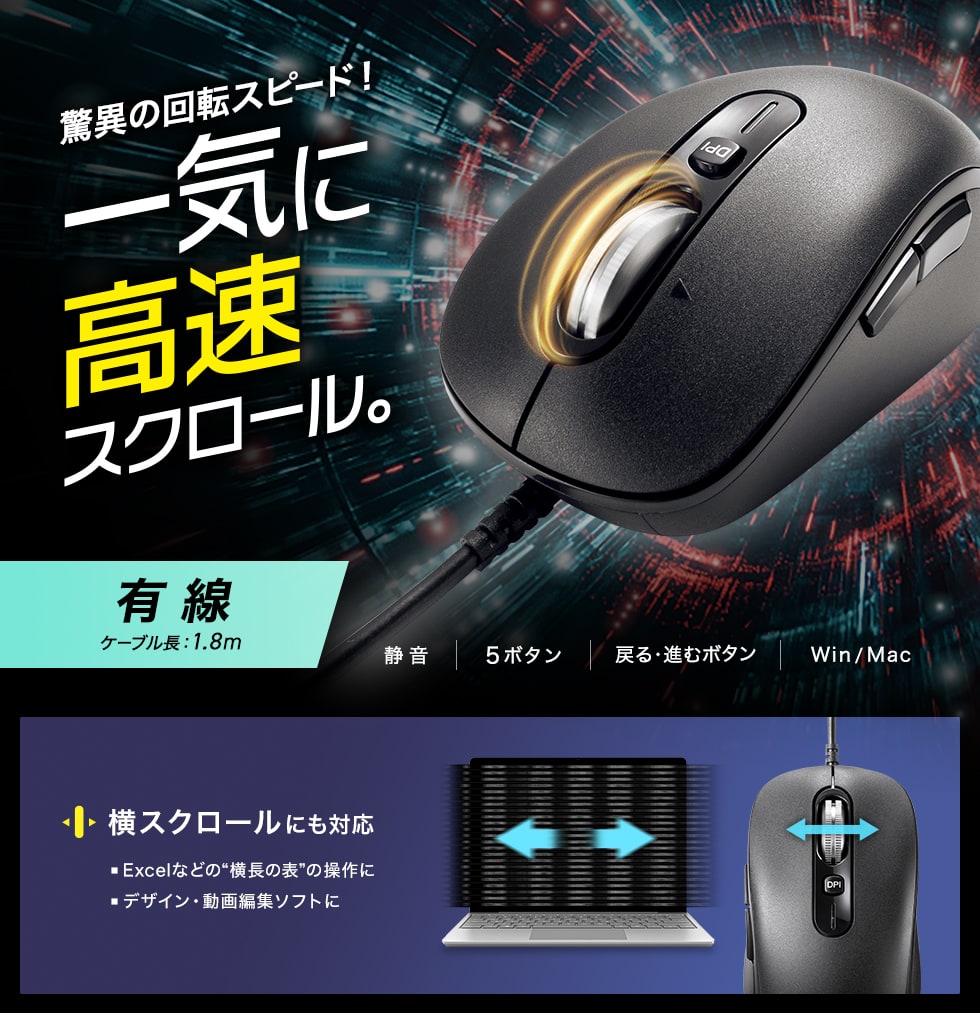 上品コーデはコレで安心！ MA-YBS531BK【静音有線マウス（チルトホイール・高速スクロール その他