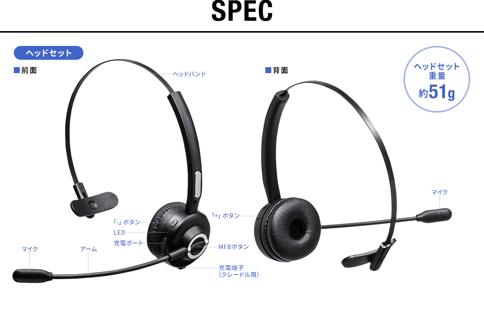 充電クレードル付きBluetoothヘッドセット（片耳タイプ）