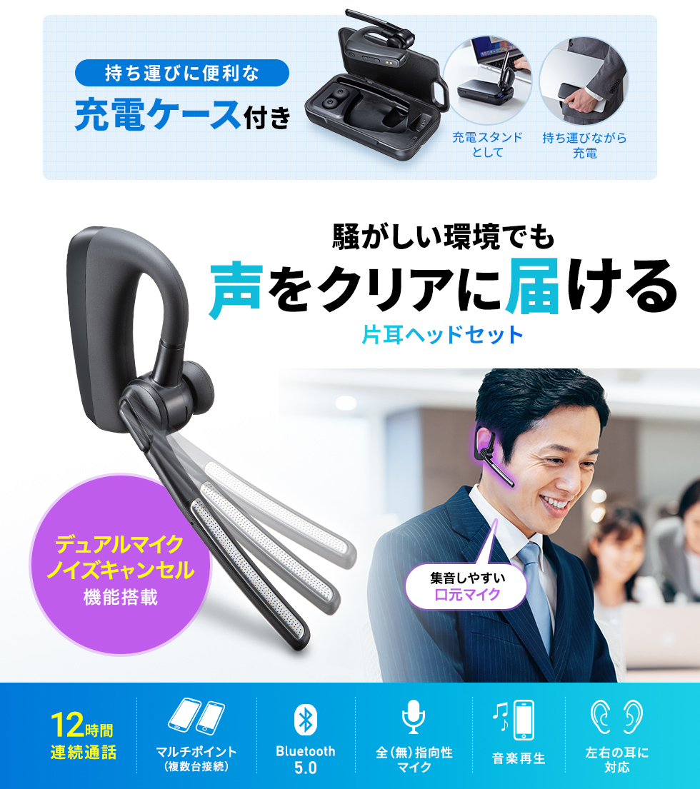 持ち運びながら充電もできるヘッドセット。デュアルマイクノイズキャンセルで小声でも相手に伝わる。