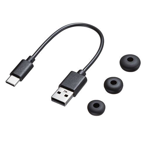 ３サイズのイヤーピースと充電用USB ケーブル付き