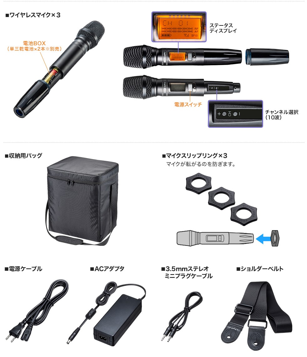 ワイヤレスマイク付き拡声器スピーカー（バッテリー内蔵・ワイヤレスマイク3本対応）