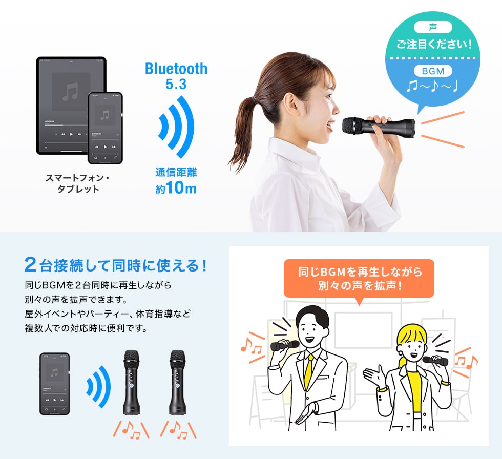 Bluetoothで機器と接続!音楽と一緒に拡声できる