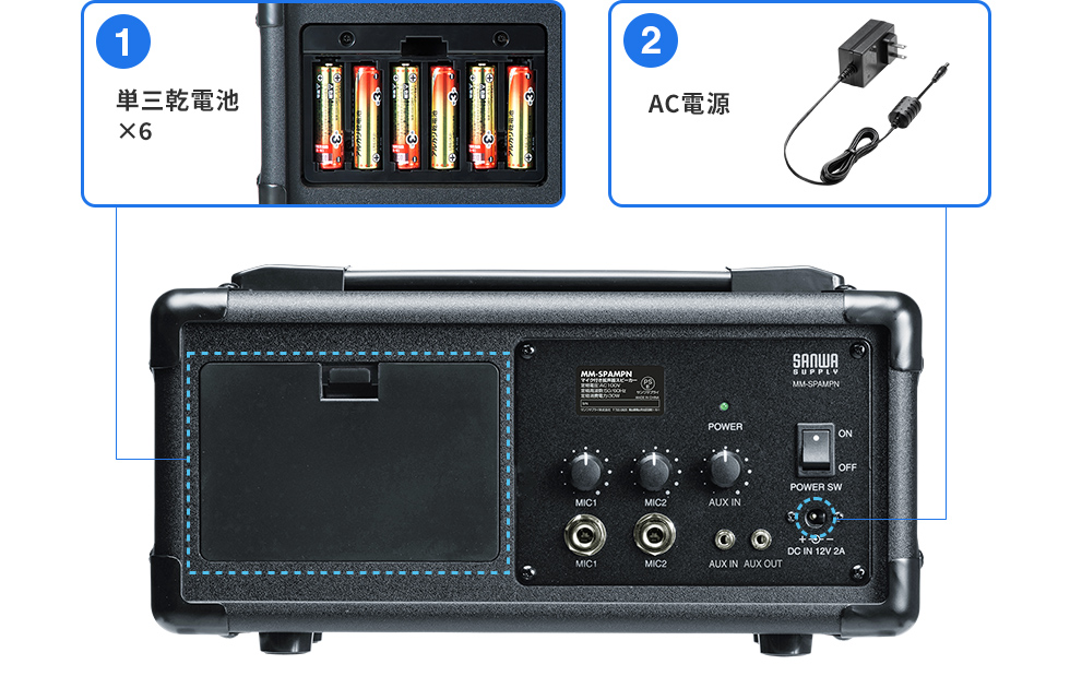 ①単三乾電池×6 ②AC電源