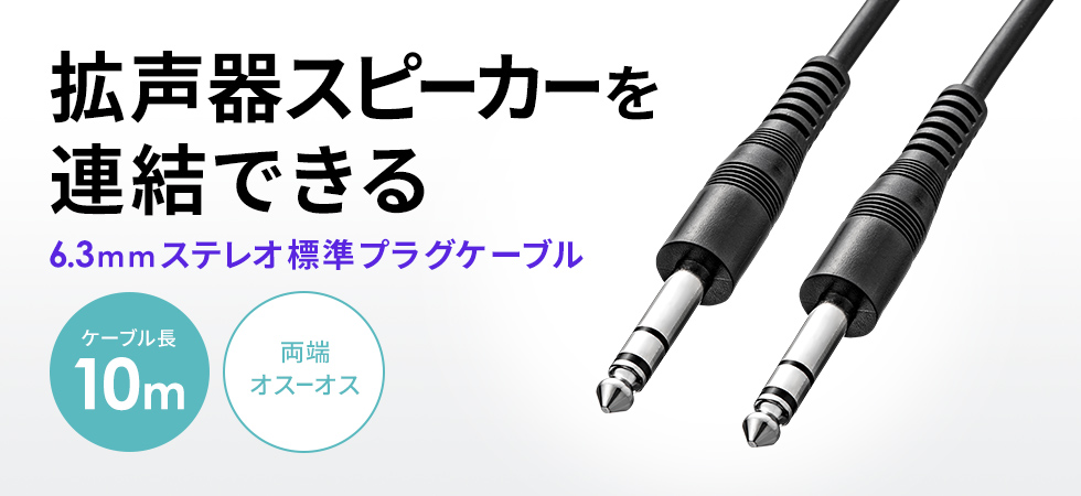 6.3mmステレオ標準プラグに対応した両端オス-オス仕様のオーディオケーブル。10m。
