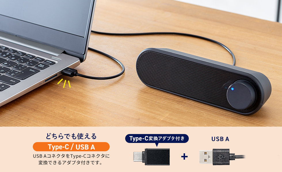 USB AとType-C変換アダプタ接続の説明画像
