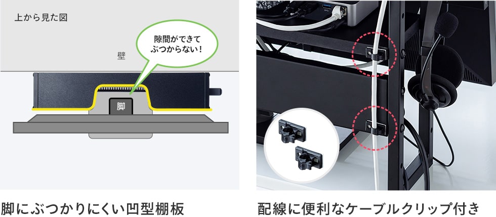 脚にぶつかりにくい凹型棚板 配線に便利なケーブルクリップ付き