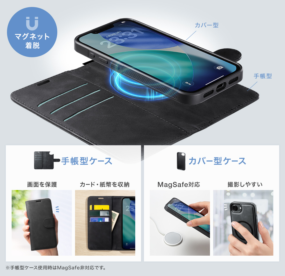 マグネットで手帳型ケースをかんたんに着脱可能