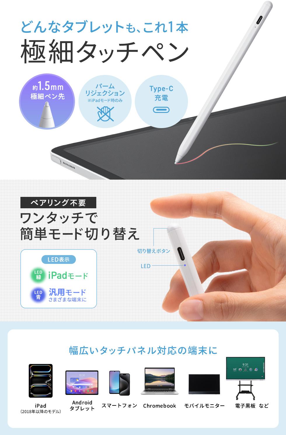 Apple iPad＆汎用モード切り替え可能なハイブリッド充電式極細タッチペン。ホワイト。