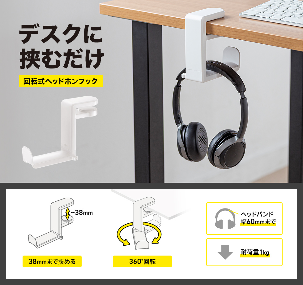 挟むだけで簡単に取り付けできる回転式ヘッドホンフック。ホワイト。