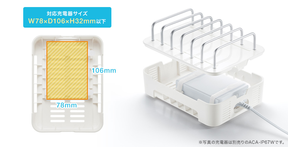 対応充電器サイズ W78×D106×H32mm以下　※写真の充電器は別売りのACA-IP67Wです。