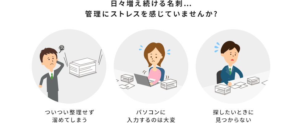 日々増え続ける名刺...管理にストレスを感じていませんか？ ついつい整理せず溜めてしまう パソコンに入力するのは大変 探したいときに見つからない