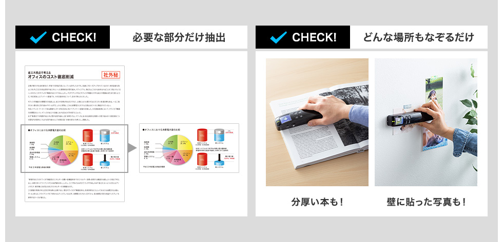 必要な部分だけ抽出 どんな場所もなぞるだけ 分厚い本も！ 壁に張った写真も！