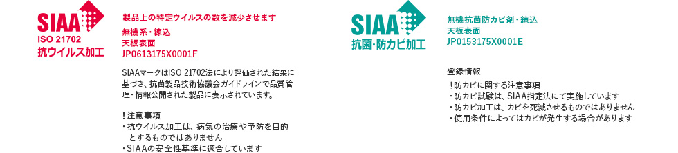 SIAA ISO 21702 抗ウイルス加工 SIAA 抗菌・防カビ加工