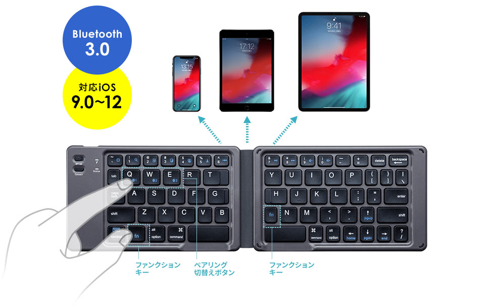 SKB-BT30BK【折りたたみ式Bluetoothキーボード（iOS対応・ブラック）】iOSに対応した パンタグラフ式アイソレーション折りたたみBluetoothキーボード。ブラック。英語配列。｜サンワサプライ株式会社