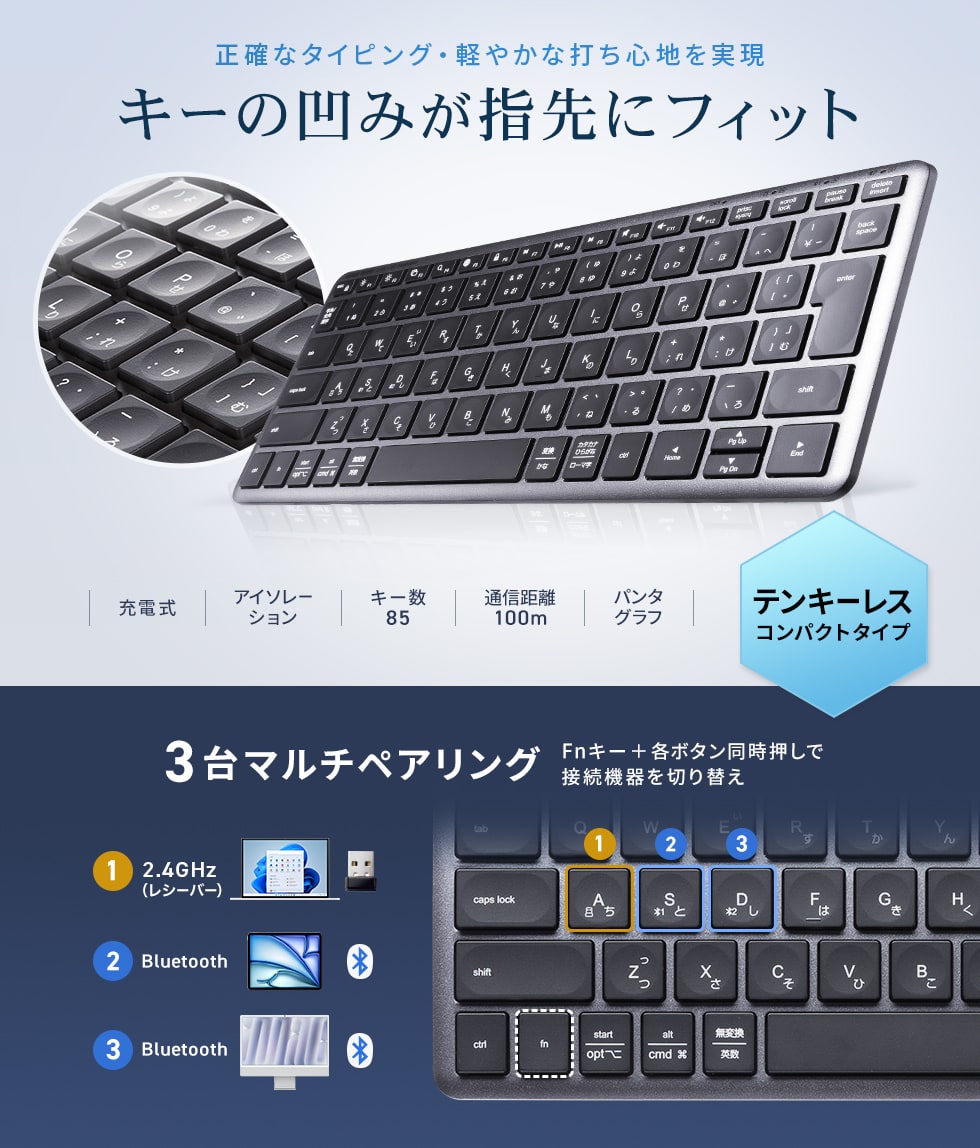 窪んだキーが打ちやすい、Bluetoothと2.4G両方に対応したパンタグラフキーボード テンキーなしコンパクトサイズ。