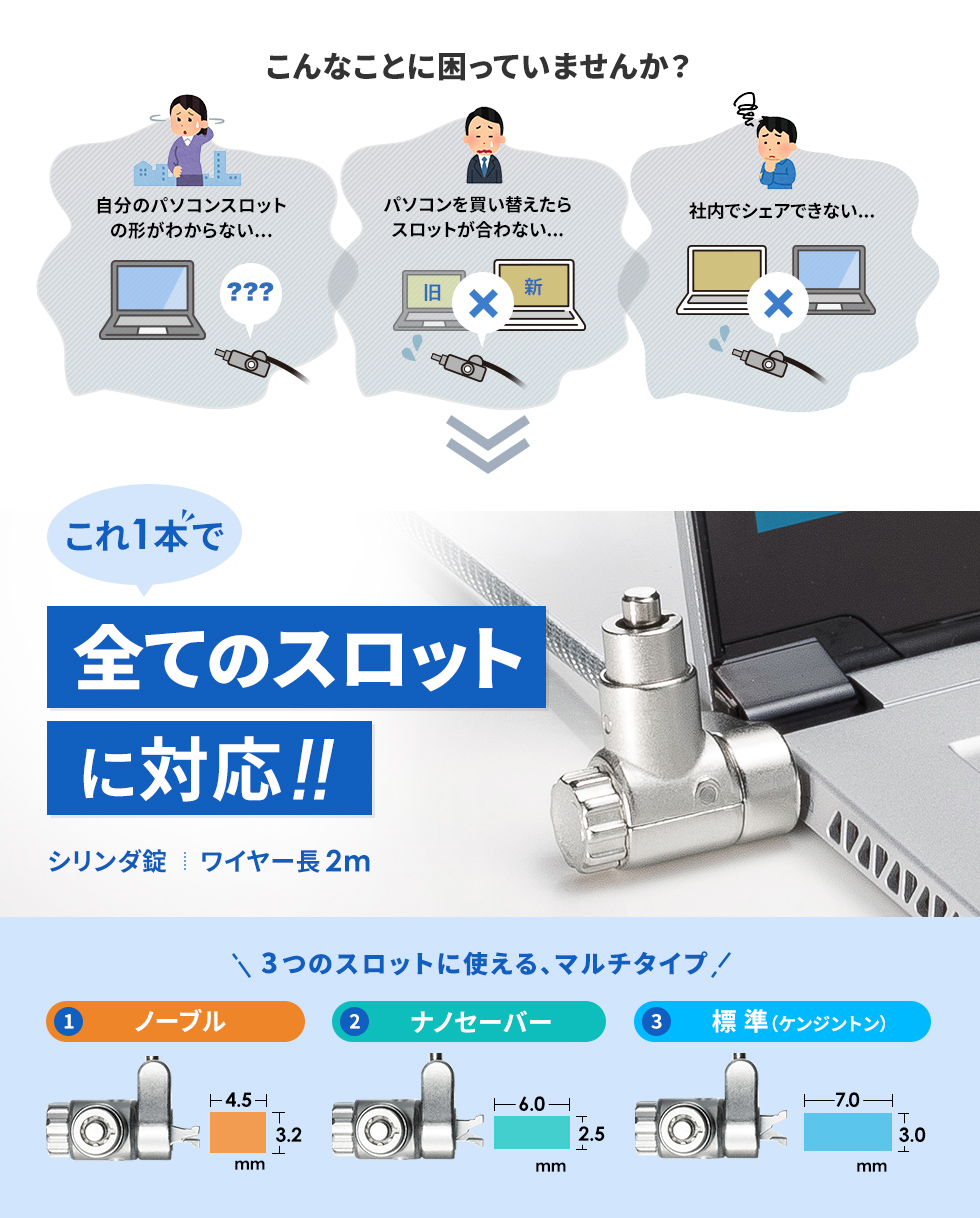 3種のセキュリティスロットに対応。シリンダ錠タイプのセキュリティワイヤー。簡易パッケージ仕様。鍵No.1。