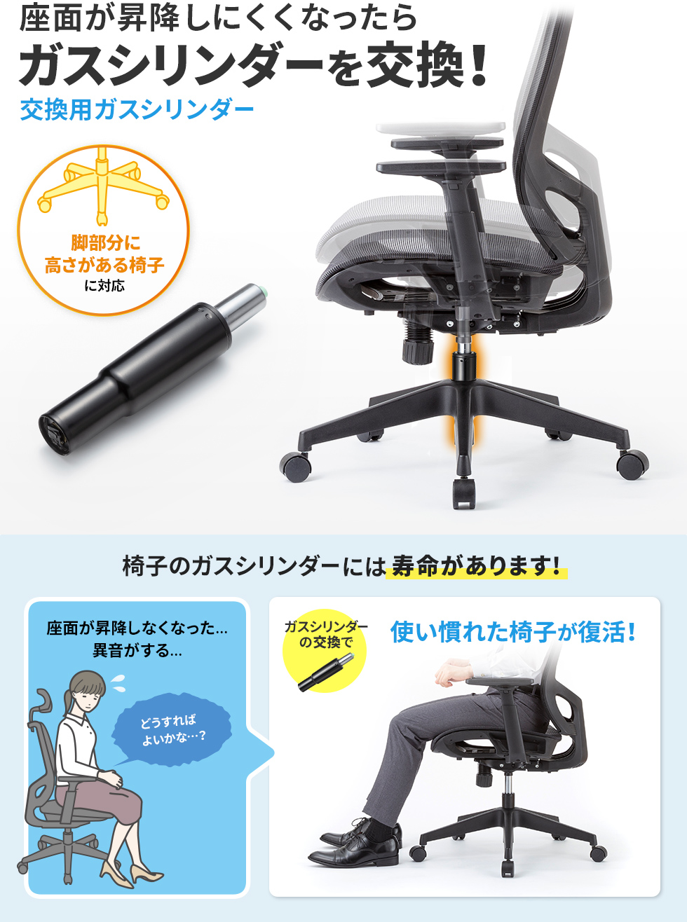 ご使用のチェアの故障時などに最適、交換用シリンダー。