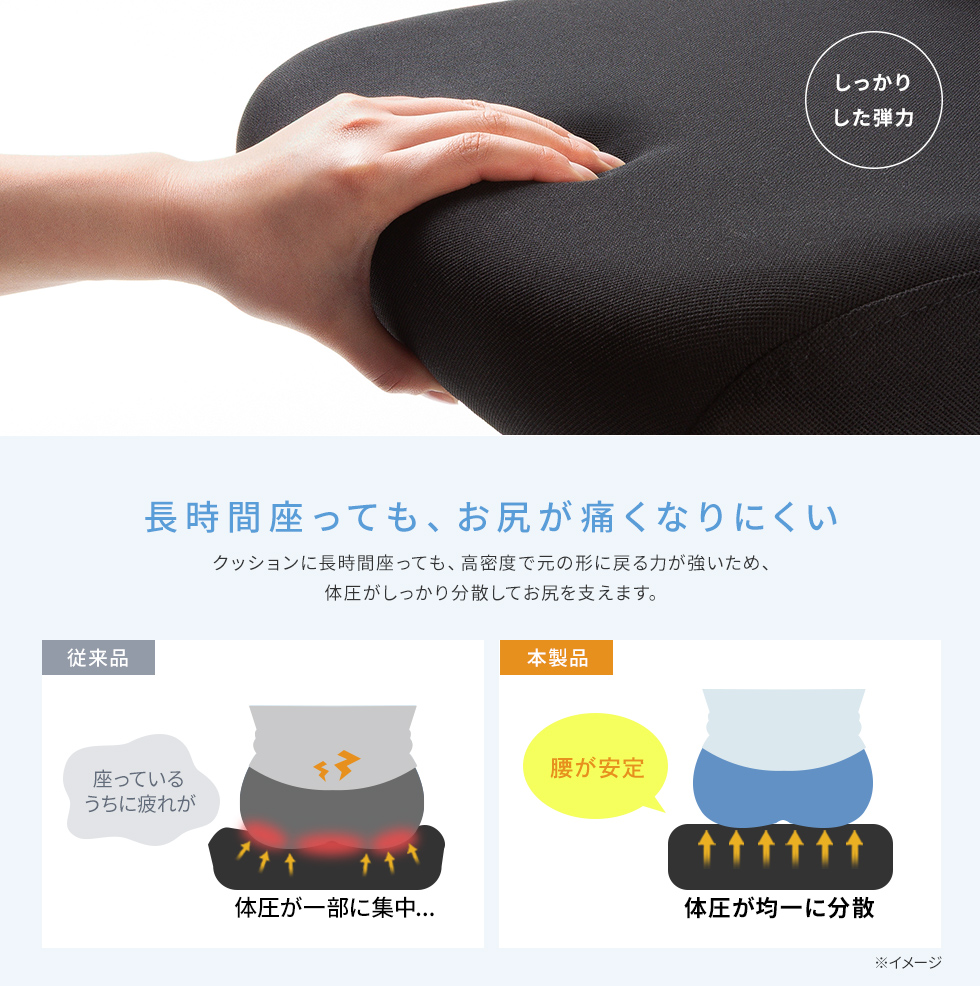 高密度ウレタンフォームで体圧を分散！お尻をしっかり支える