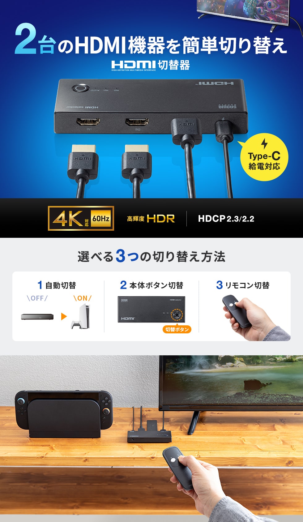 4Kに対応した2入力1出力のHDMI切替器。自動切替・手動切替・リモコン切替が選択可能。