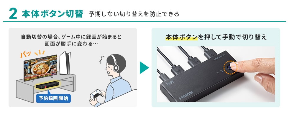 本体ボタン切替：予期しない切り替えを防止できる