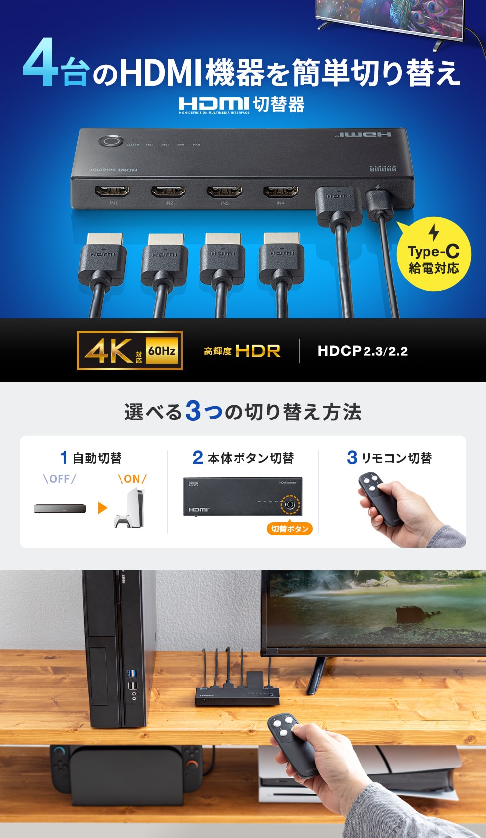 4Kに対応した4入力1出力のHDMI切替器。自動切替・手動切替・リモコン切替が選択可能。