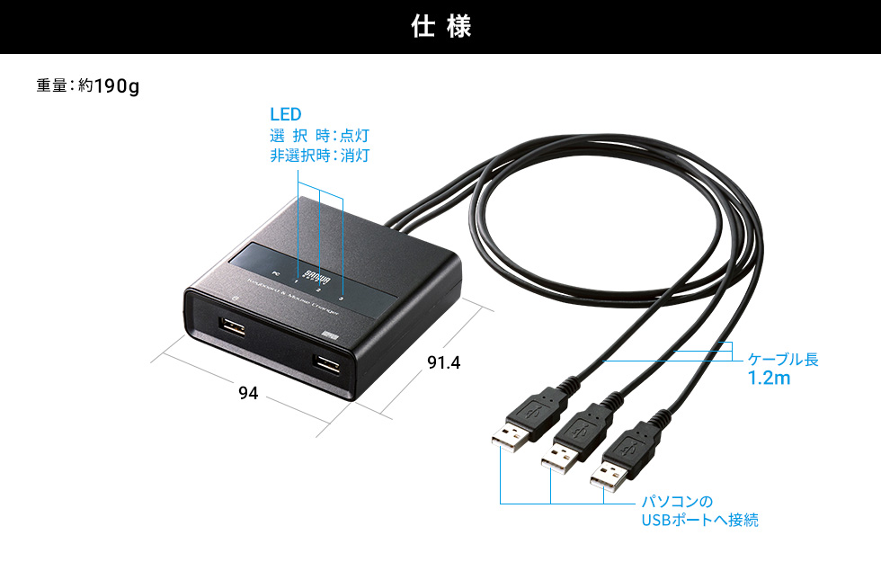 キーボード・マウス用パソコン切替器（3:1）