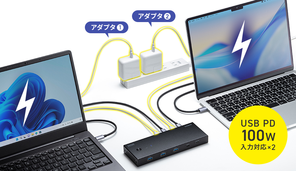 2台のノートパソコンへそれぞれUSB PD常時給電が可能