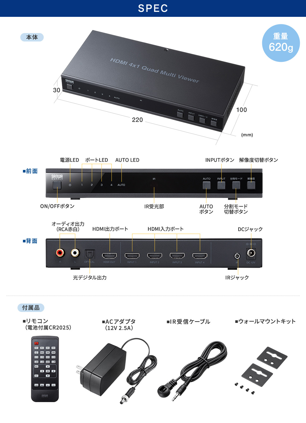 SW-PHD41MTV【4入力1出力HDMI画面分割切替器（4K/60Hz対応）】最大4台