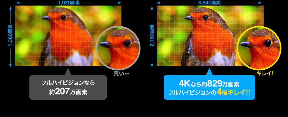 4Kなら約829万画素フルハイビジョンの4倍キレイ