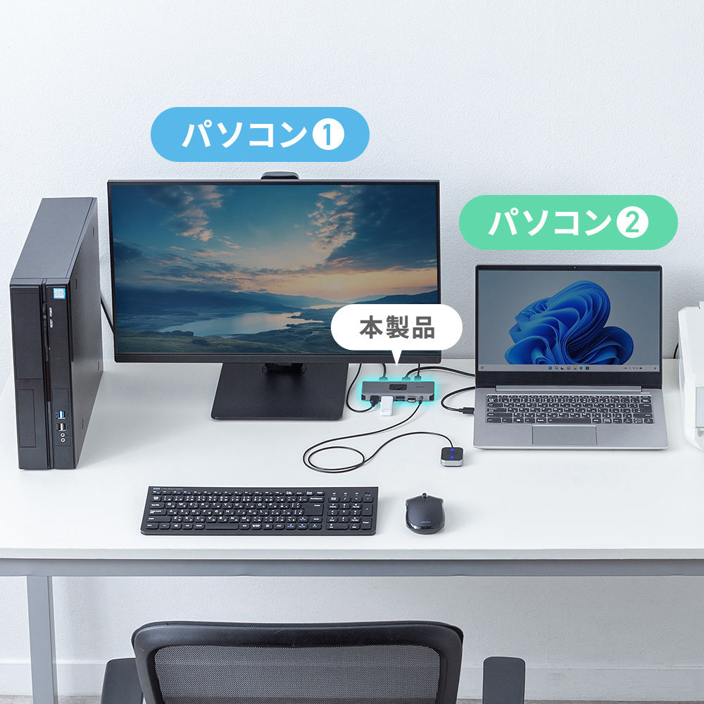 4つのUSB機器を2台のパソコンで切り替えて使える