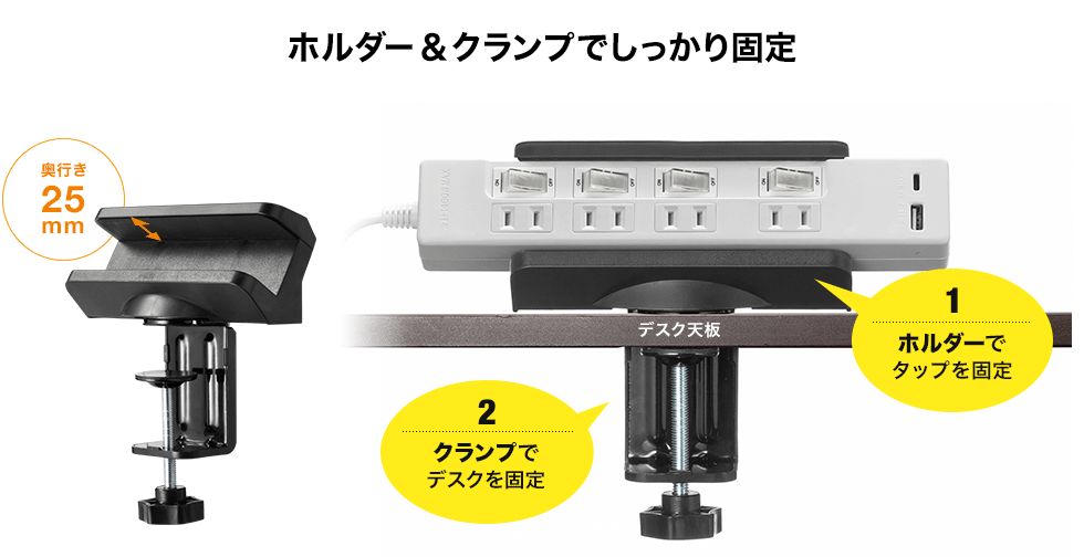 奥行き25mm、ホルダー＆クランプでしっかり固定。1、ホルダーでタップを固定。2、クランプでデスクを固定。