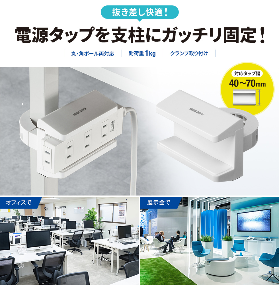 デスク脚や支柱に取り付けて配線整理できる電源タップホルダー。ホワイト。