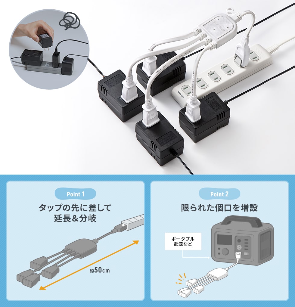 TAP-EX4BKN【ACアダプタ専用電源延長コード（4分岐・2P・4個口