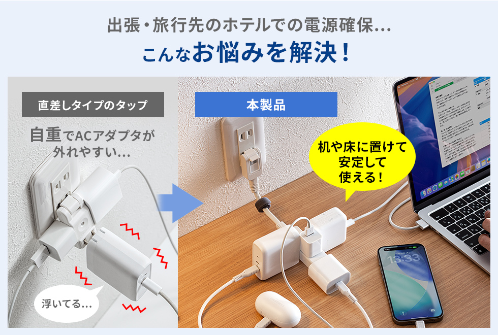 この製品を使えば、重いACアダプタも外れにくくて安心
