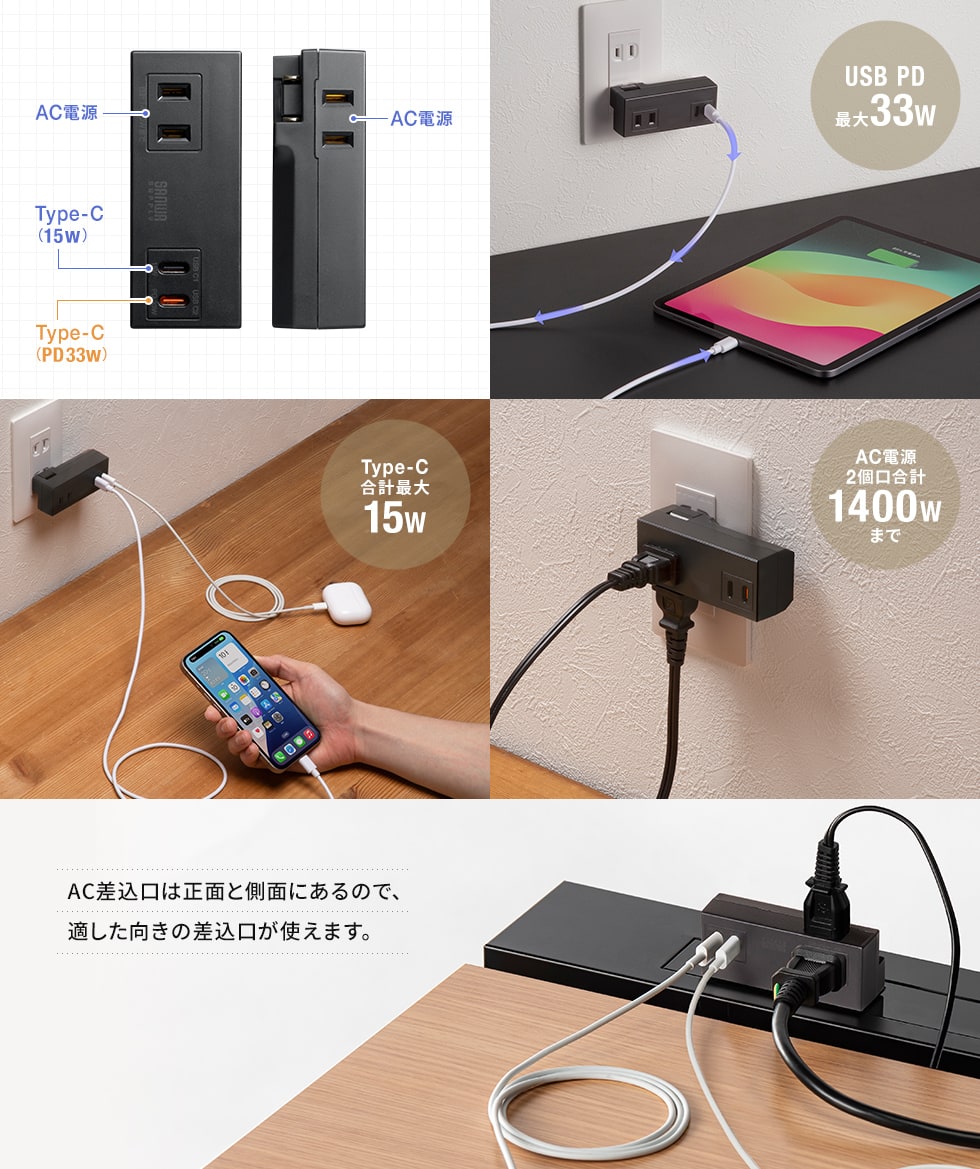 ACコンセントとUSB Type-Cポートを搭載