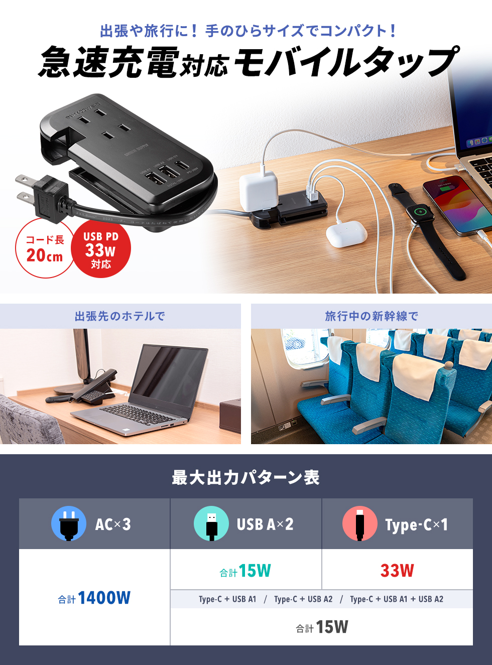 持ち運びに便利なコンパクトでコード巻き取り式のPD33W対応モバイルタップ。ブラック。