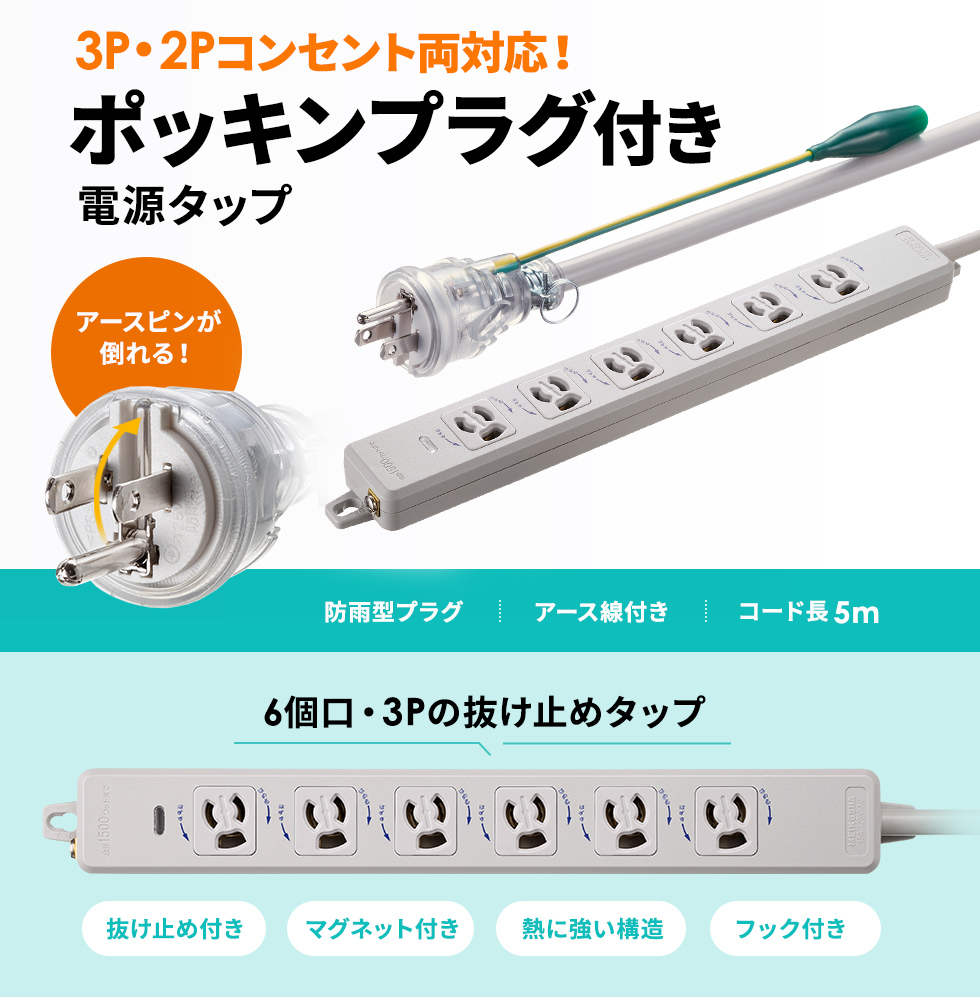 2P・3Pどちらの差込口にも使用できるポッキンプラグ付きの電源タップ。3P・6個口・5m。