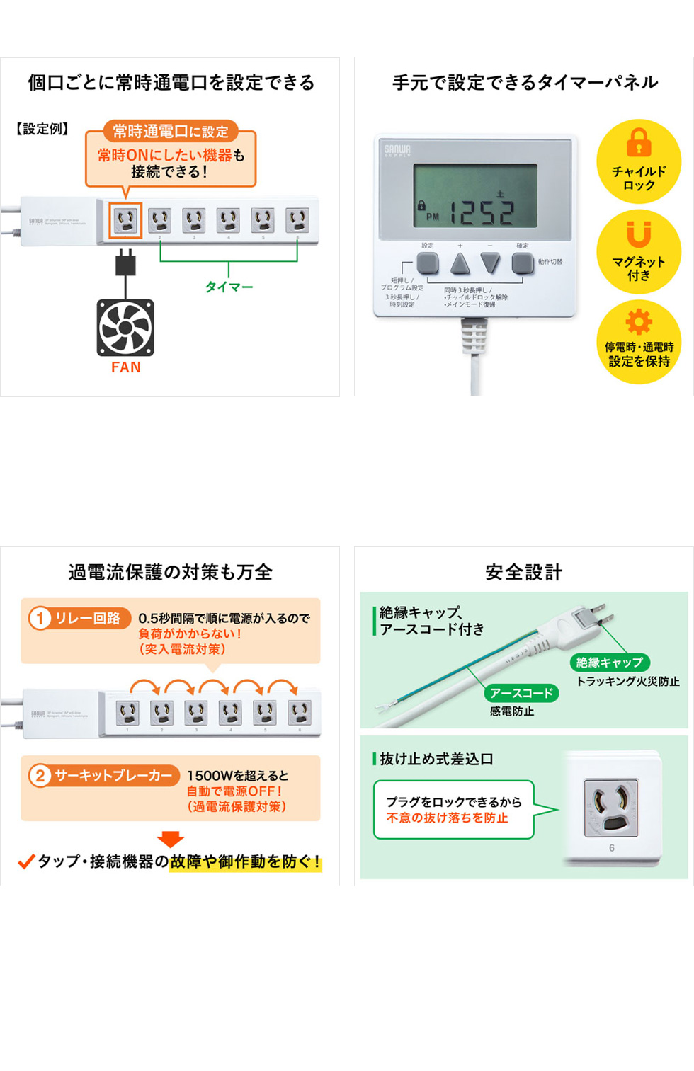 個口ごとに常時通電口を設定できる 手元で設定できるタイマーパネル 過電流保護の対策も万全 安全設計