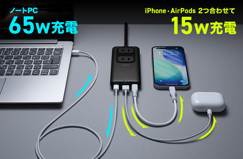 ノートパソコンを充電しながら他の機器も充電できる