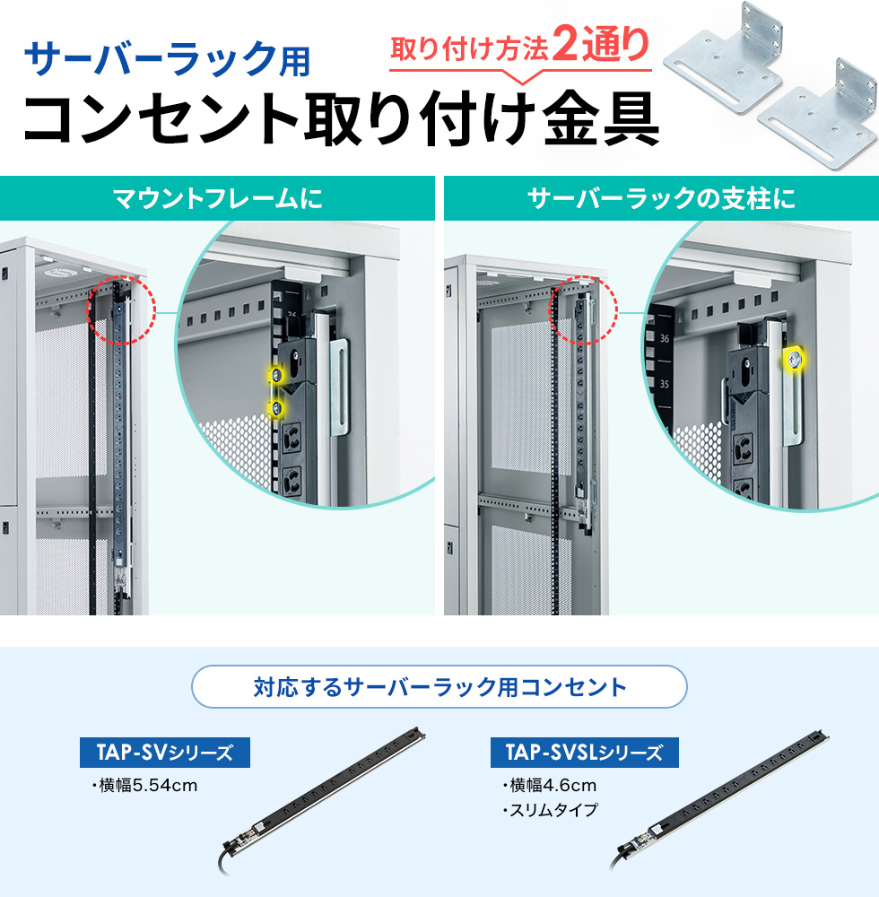 マウントフレーム取付とラック本体の穴を使った取付に対応し、サーバーラック内の電源タップを環境に合わせて柔軟に固定できる専用金具です。