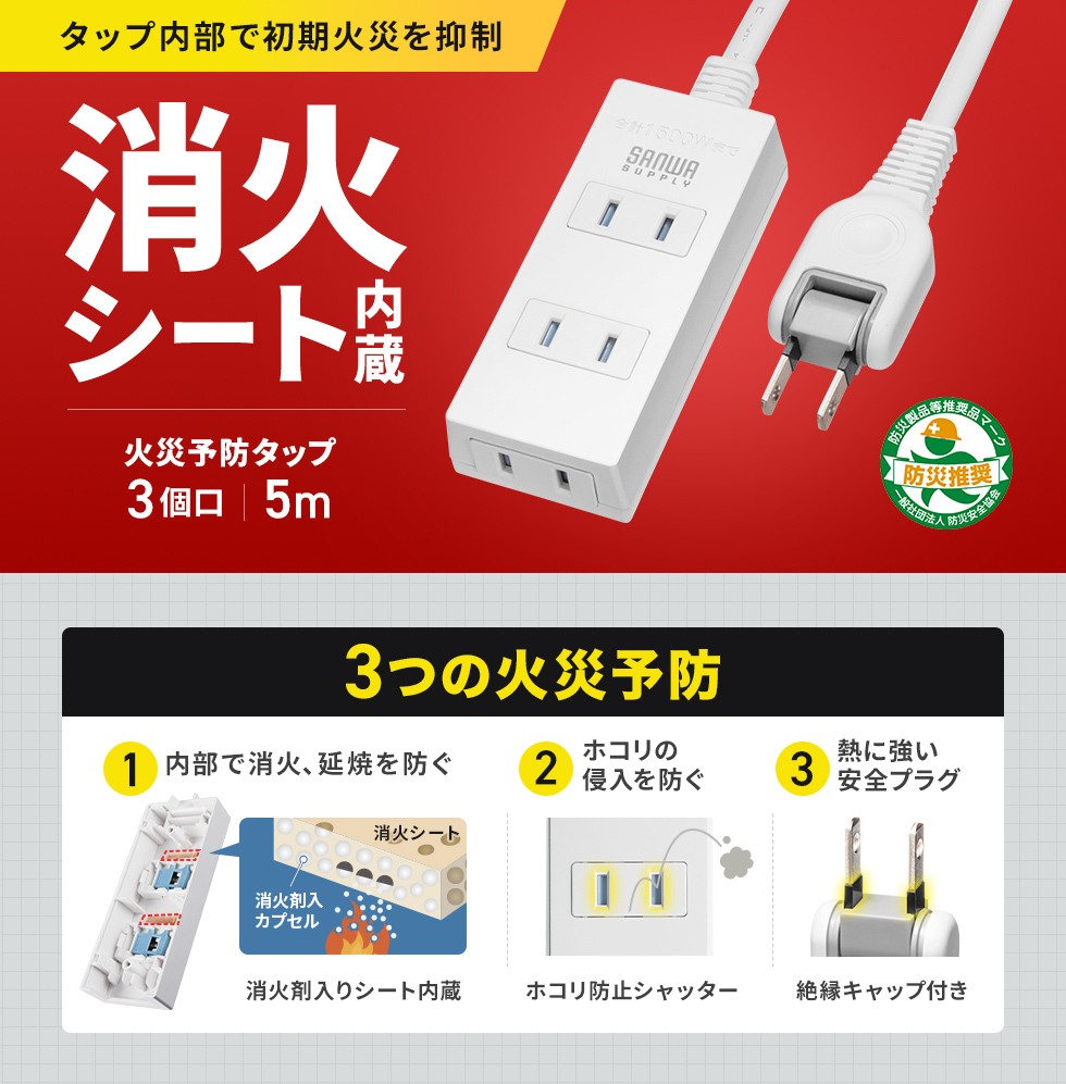 万が一、火炎が起きても内部で燃焼を抑制する消火シート付きの電源タップ。2P・3個口・1m・ホワイト。