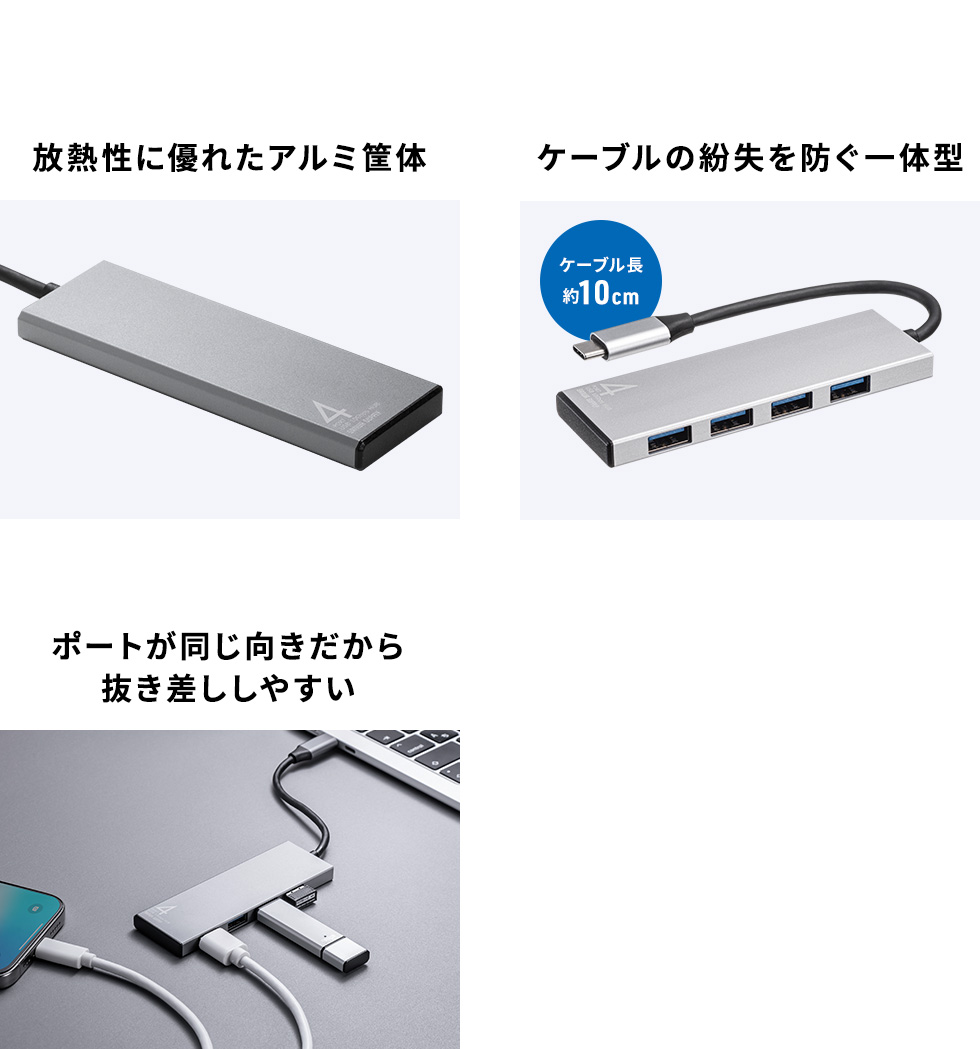 放熱性に優れたアルミ筐体 ケーブルの紛失を防ぐ一体型 ポートが同じ向きだから抜き差ししやすい