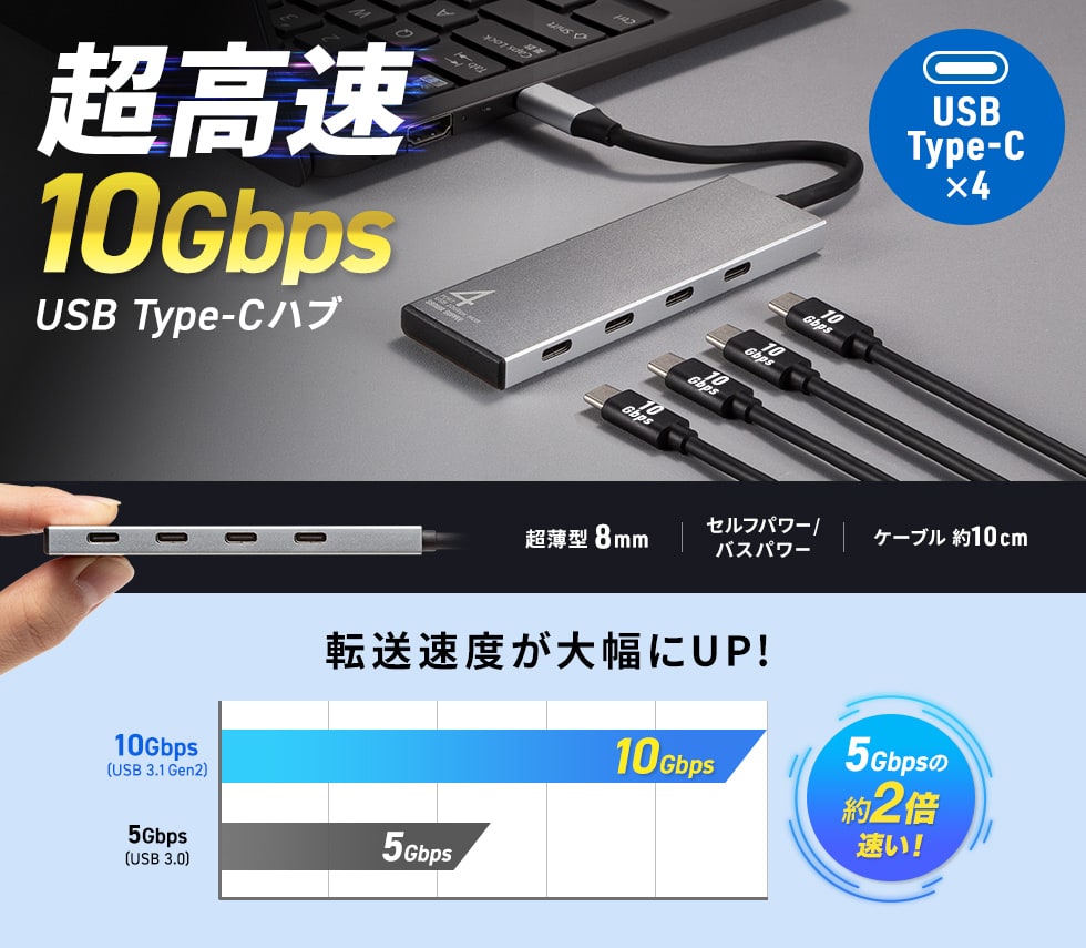 薄型アルミタイプ。USB Type-C 10Gbps対応 Type-C 4ポート PD対応。