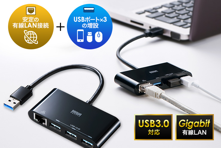 安定の有線LAN接続　USBポート×3の増設