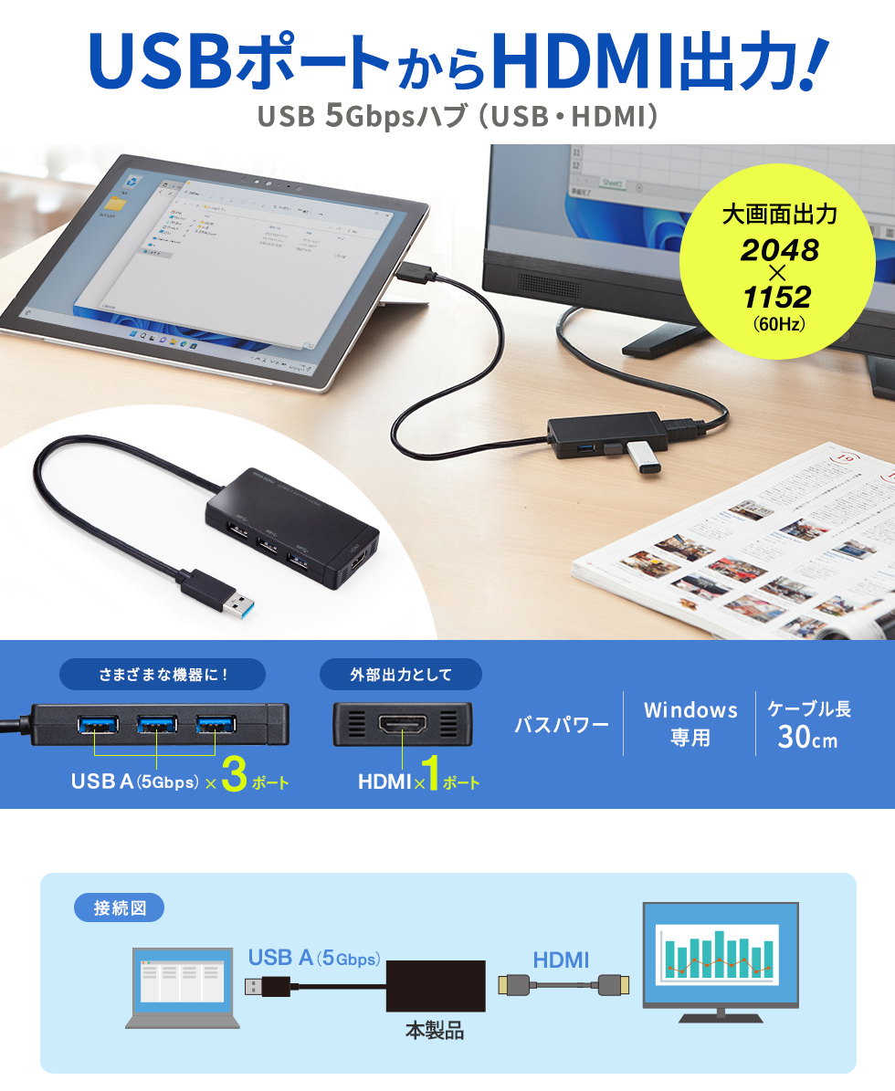 USB-3H332BK【USBハブ（USB3.2 Gen1・HDMI）】HDMIポートを搭載した3