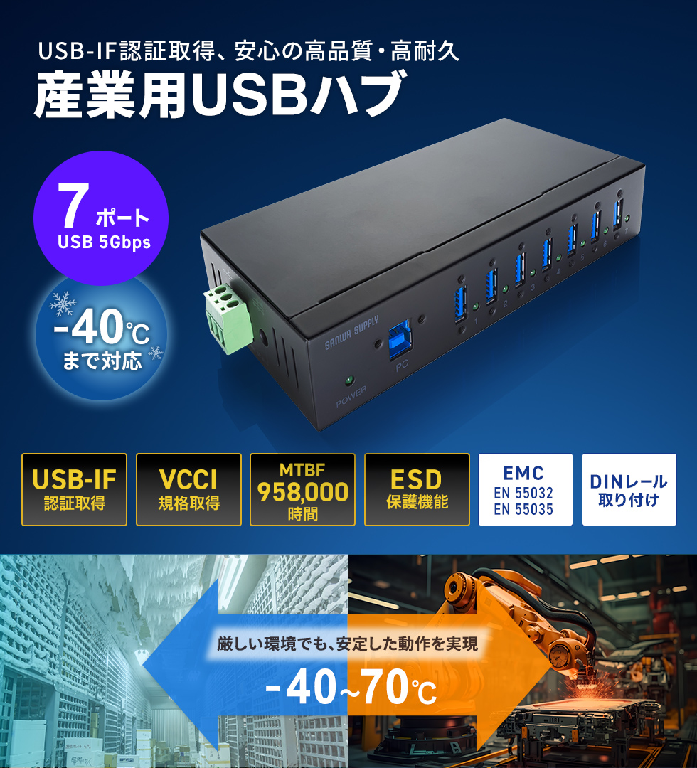 －40℃に対応したUSB-IF認証取得した耐久性に優れた仕様。DINレールへの設置に対応した産業用USBハブ。