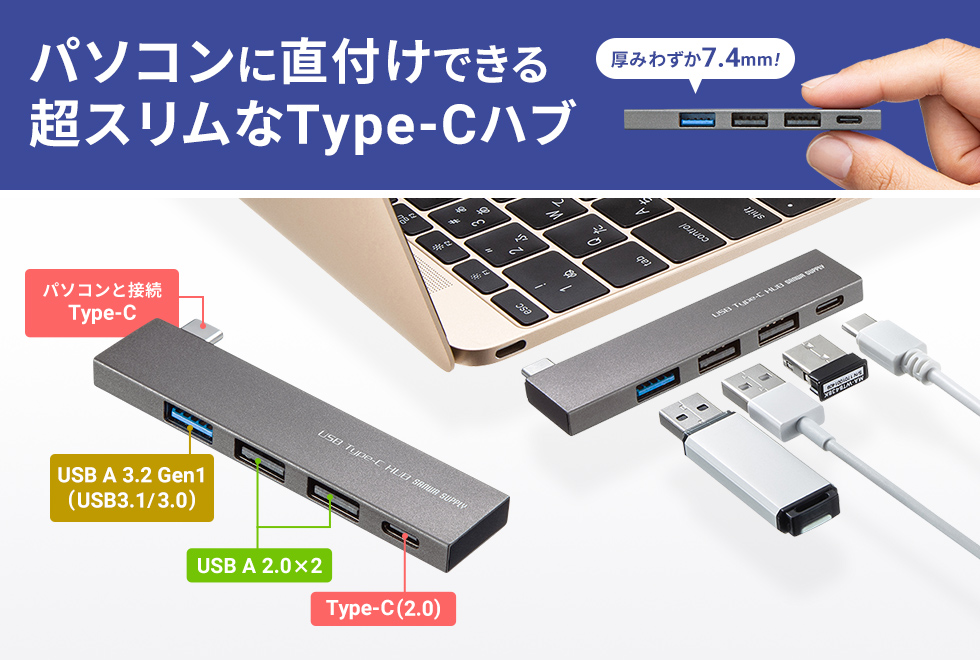 超スリムで持ち運びに便利なUSB Type-Cハブ