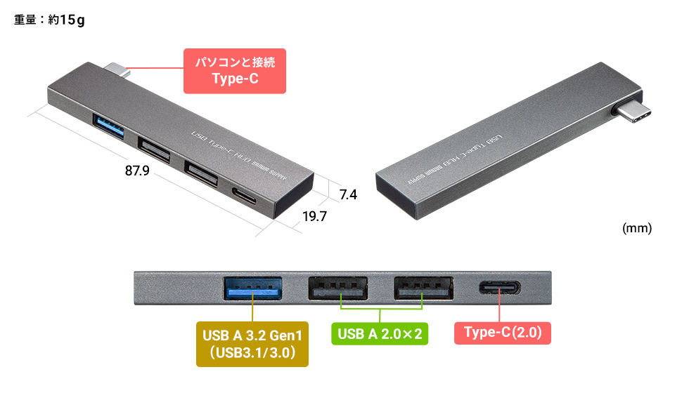 USB-3TCH21SN【USB Type-C コンボ スリムハブ】USB Type-Cコネクタ搭載のUSB 5Gbps×1ポート、USB2.0×2 ポート、USB Type-C×1ポートのコンボタイプ。シルバー。｜サンワサプライ株式会社