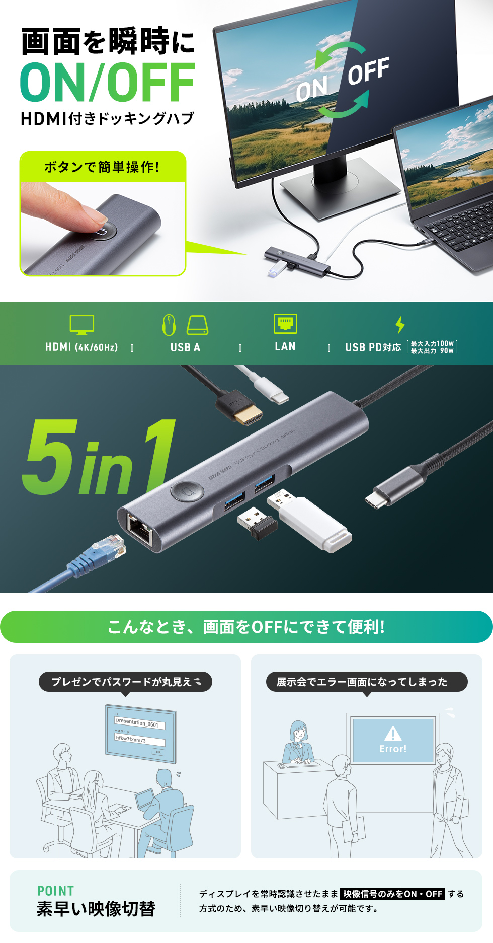 HDMI＋LANポートを搭載したUSB TYPE-Cドッキングハブ。HDMI ON・OFFスイッチ付